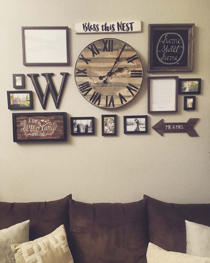 Wood Toned Clock Frames and Text Signs #rustic #livingroom #walldecor #decorhomeideas