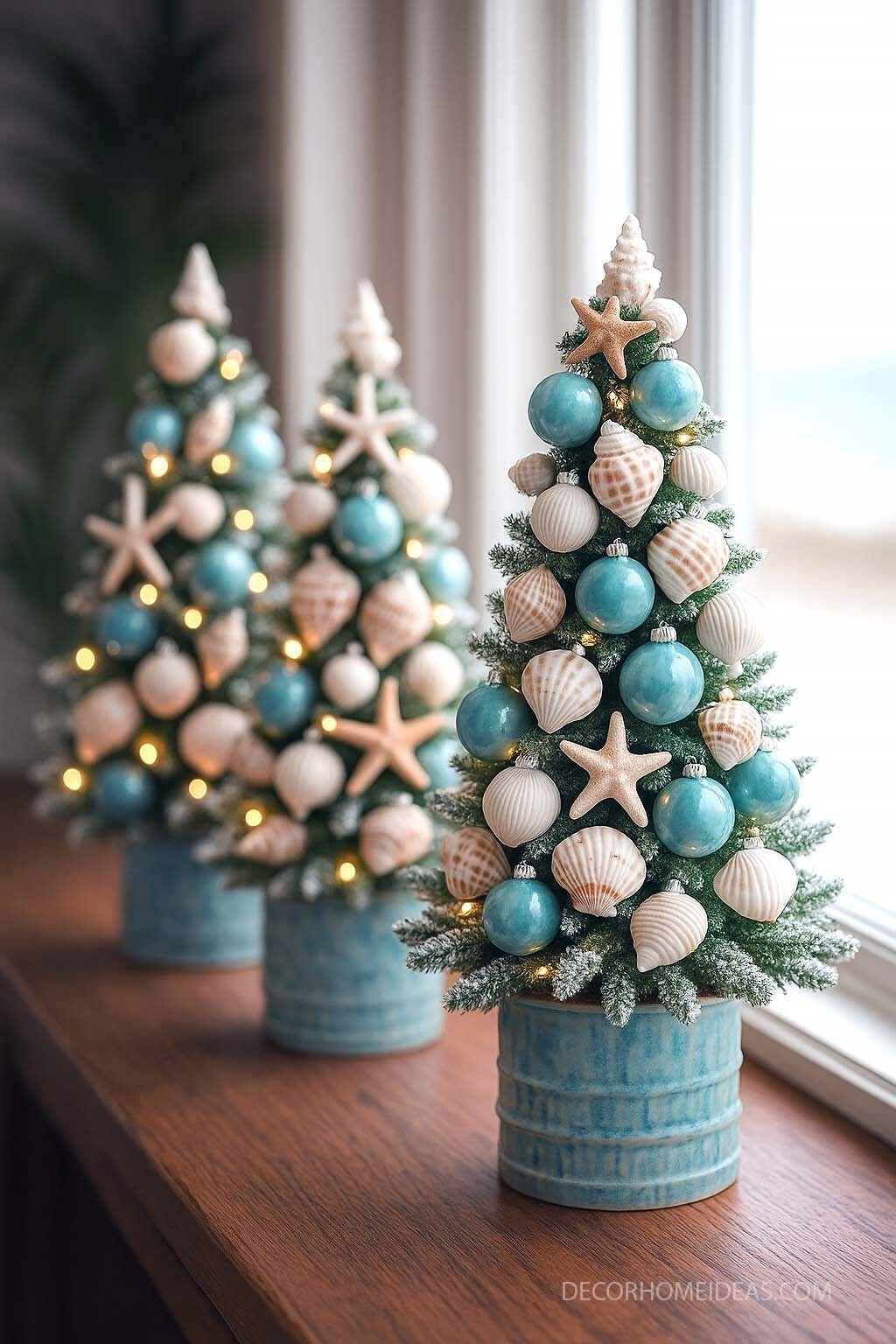 Beachy Mini Christmas Trees with Coastal Shell Ornaments