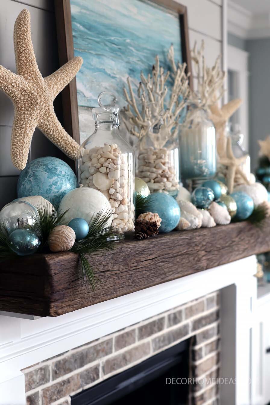 Coastal Christmas Mantel with Shells, Ornaments, and Ocean Vibes