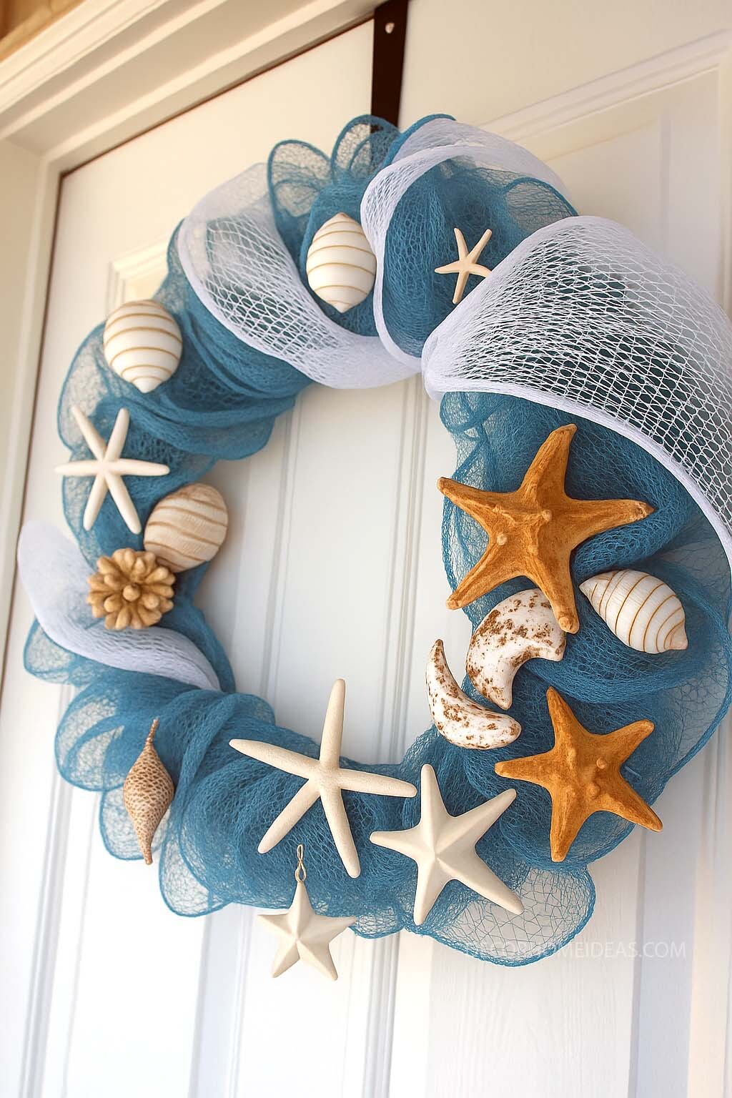 Coastal Seashell Mesh Wreath for a Beach Inspired Door