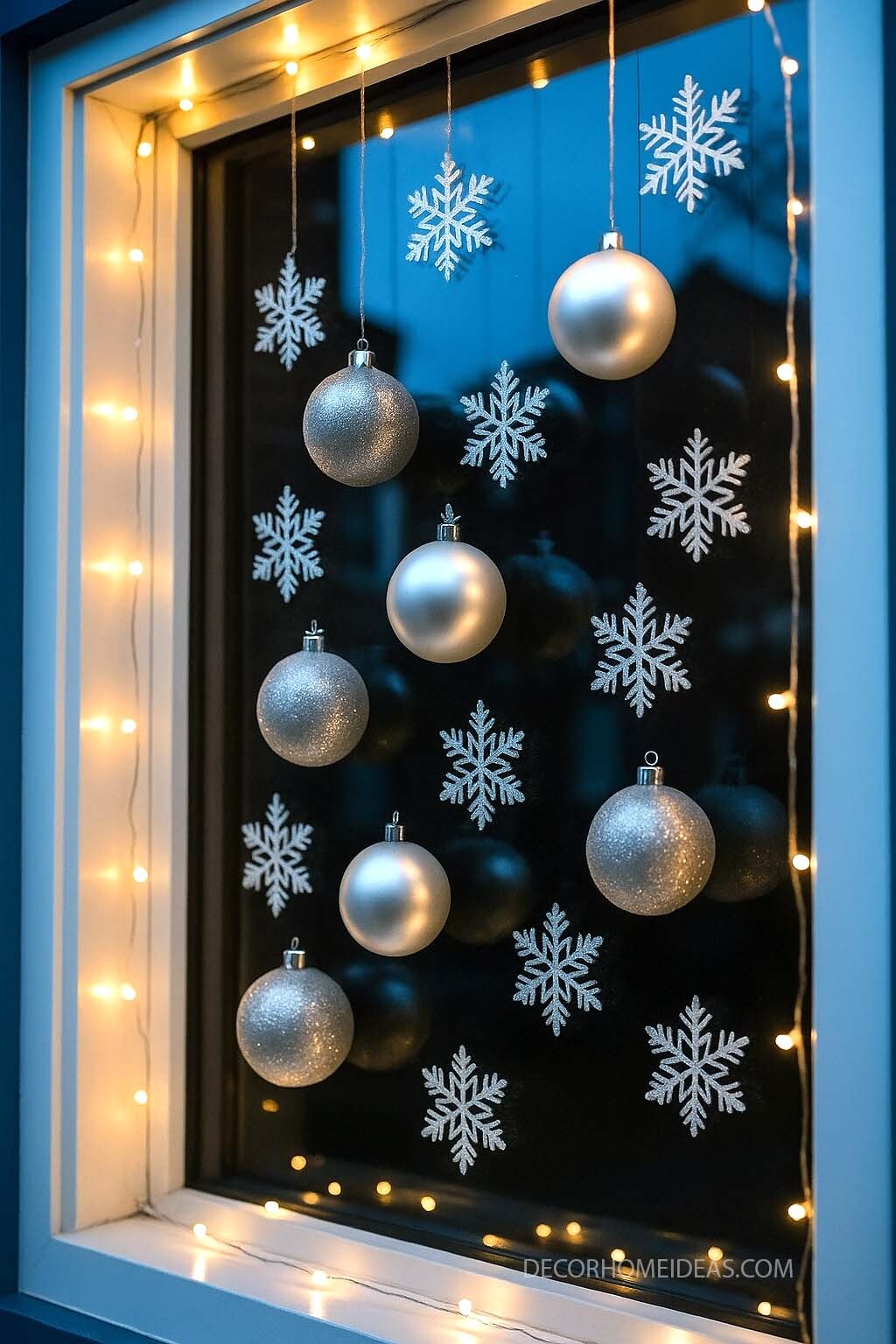 Cozy Christmas Window Decor with Ornaments and Lights
