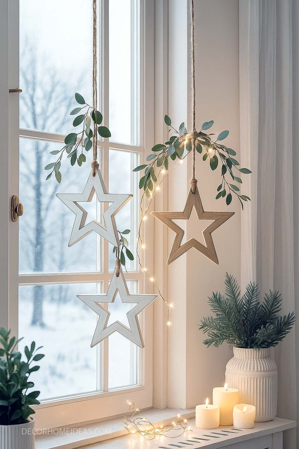 Cozy Winter Window with Nordic Star Decor and Soft Candle Glow