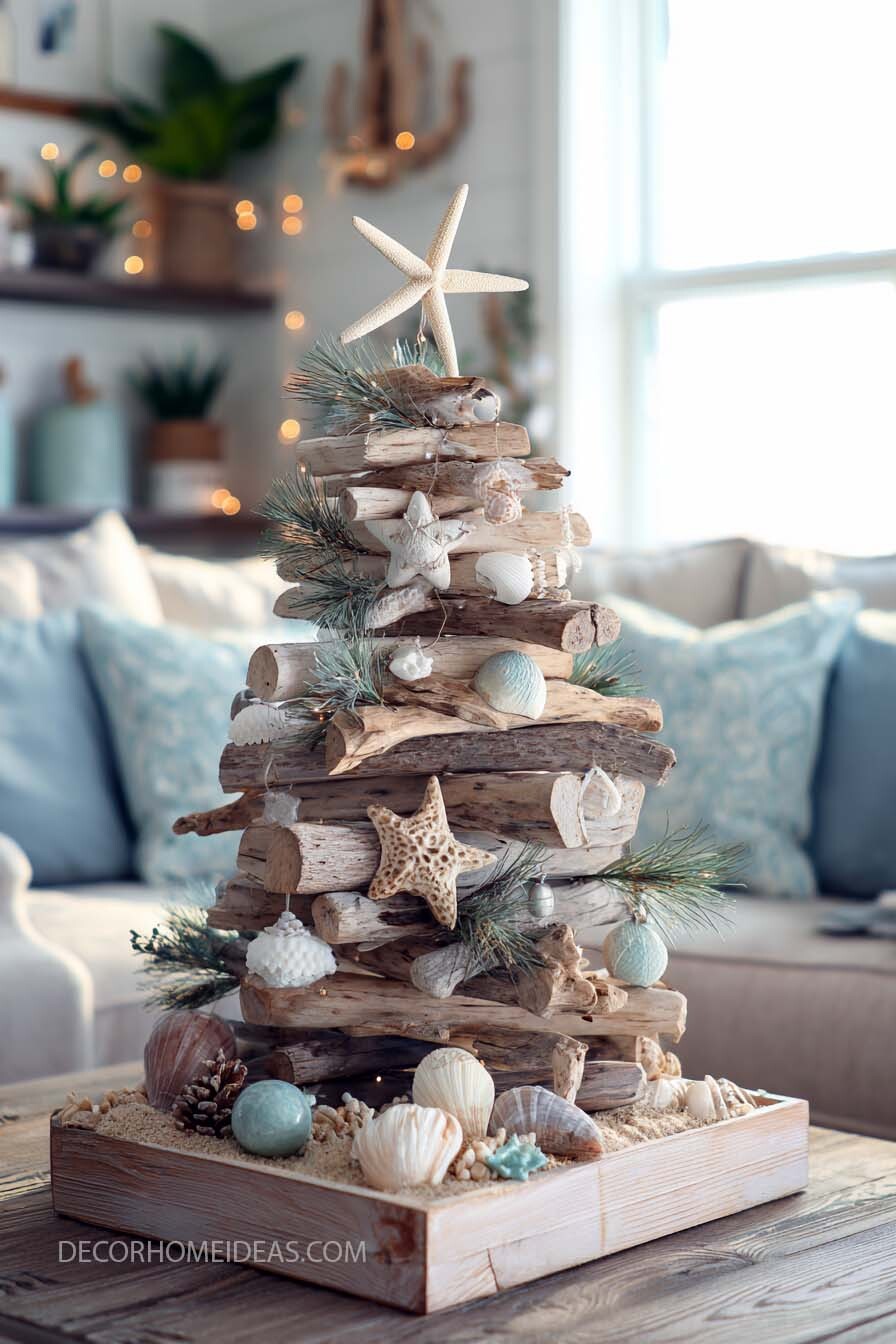 Driftwood Coastal Christmas Tree with Beachy Accents