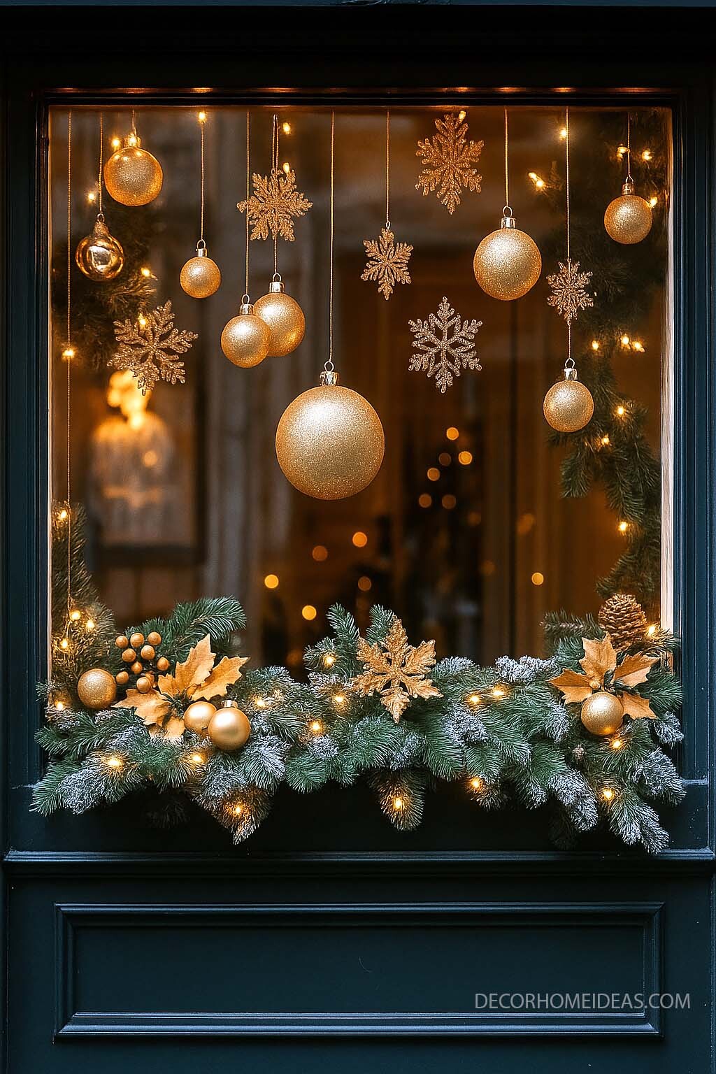Elegant Christmas Window Display with Golden Touches