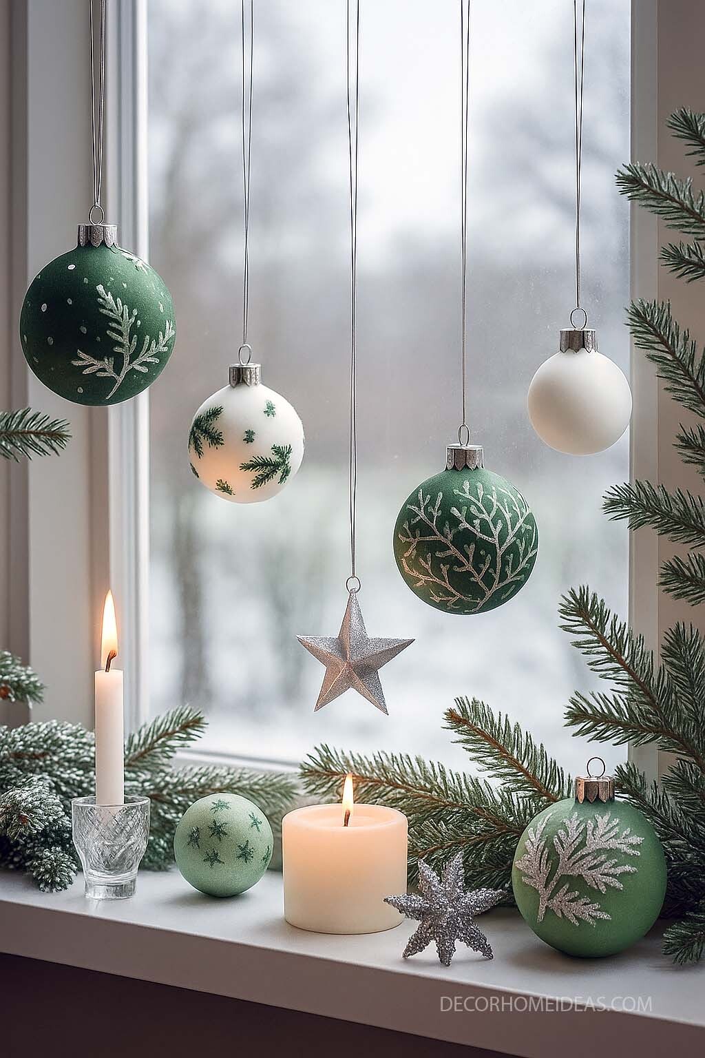 Green and White Christmas Window Decor