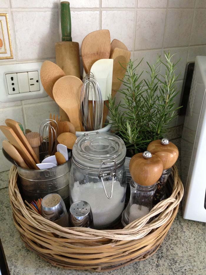 Basket Full of Herbs and Cooking Utensils #smallkitchen #storage #organization #decorhomeideas