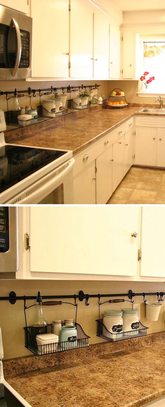 Baskets Hanging from Rods Under the Cabinets #kitchen #countertop #organization #decorhomeideas