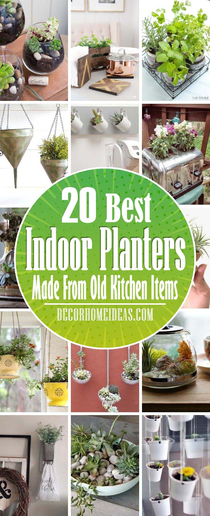 Best Indoor Planters From Old Kitchen Items. Before you toss that old pie plate or utensil in the trash consider giving it a second life. Here are more than 20 DIY indoor planters made from old kitchen stuff. #decorhomeideas