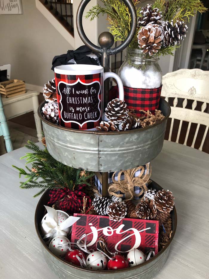 Buffalo Check Christmas Tiered Tray #tieredtray #Christmas #decorhomeideas