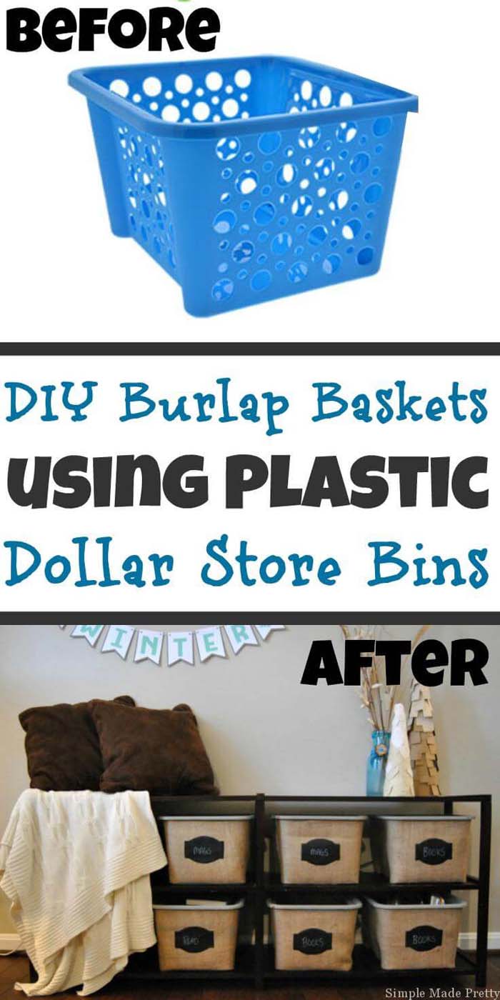 Burlap DIY Dollar Tree Storage Bins #dollarstore #diy #homedecor #decorhomeideas