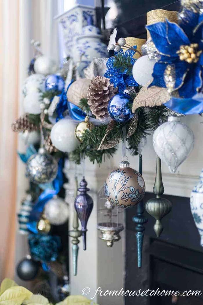 Christmas Garland For The Fireplace Mantel #Christmas #blue #decorations #decorhomeideas