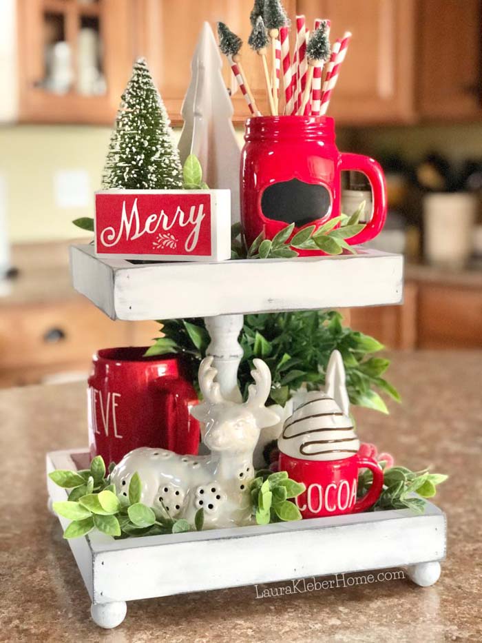 Christmas-Inspired Tiered Tray #tieredtray #Christmas #decorhomeideas