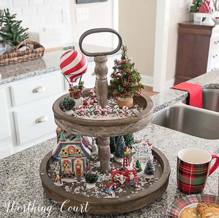 Christmas Village Tiered Tray #tieredtray #Christmas #decorhomeideas