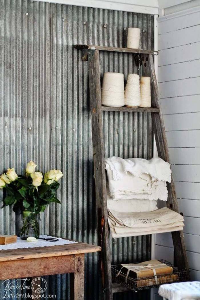 Corner Crafting Supply and Linen Hanger #diy #ladder #repurpose #decorhomeideas