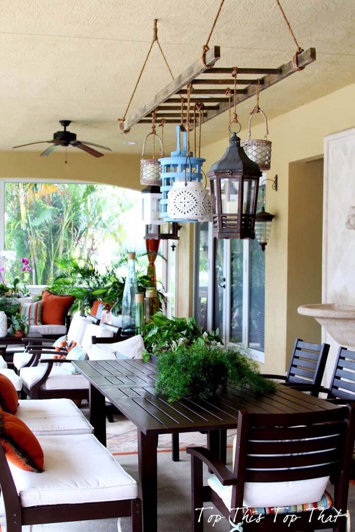 Distinctive Lighting for Outdoor Dining #diy #ladder #repurpose #decorhomeideas