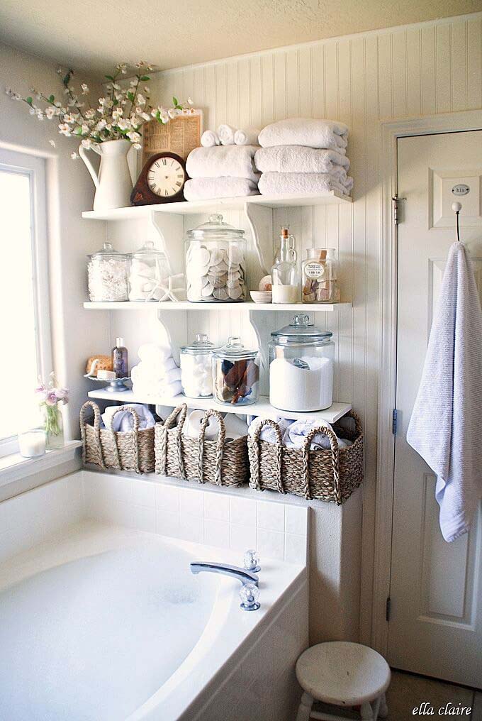 DIY Bathroom Linen Shelves #bathroom #towel #storage #decorhomeideas
