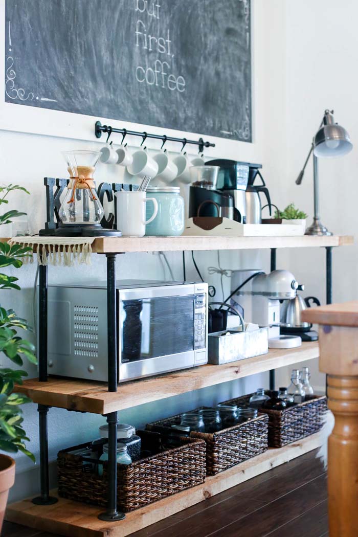 DIY Black Pipe Coffee Bar Station #smallkitchen #storage #organization #decorhomeideas