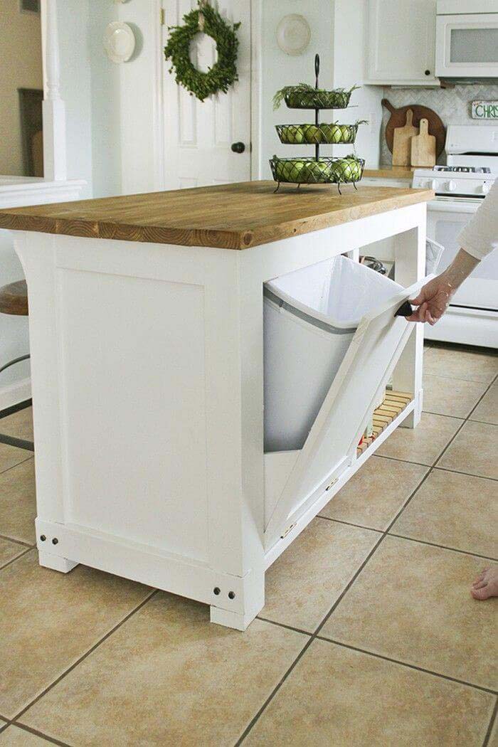 DIY Kitchen Island with Trash Storage #smallkitchen #storage #organization #decorhomeideas