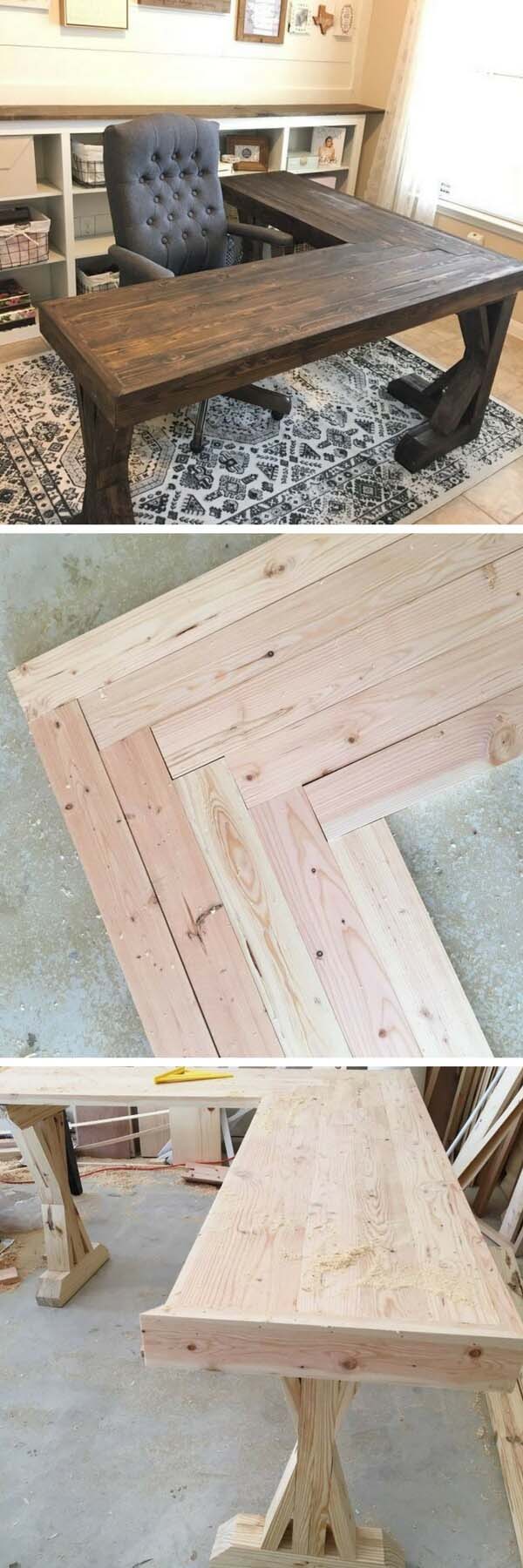 DIY L-Shaped Farmhouse Wood Desk #diy #wood #crafts #decorhomeideas