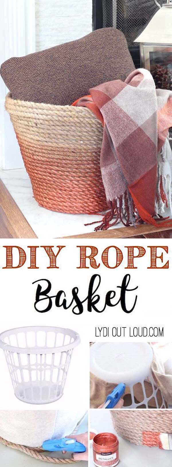 DIY Metallic Rope Throw Basket Tutorial #dollarstore #diy #homedecor #decorhomeideas