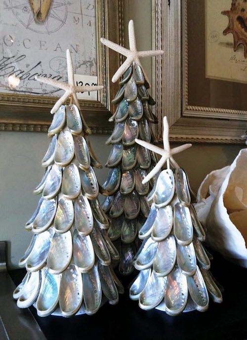 DIY Mini Seashell Coastal Christmas Tree Trio #diy #coastal #christmas #decorhomeideas
