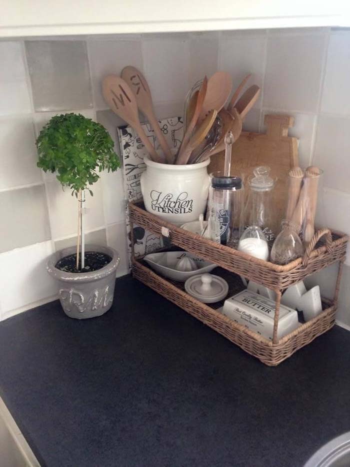 Double Stacked Woven Tray with Essentials #kitchen #countertop #organization #decorhomeideas