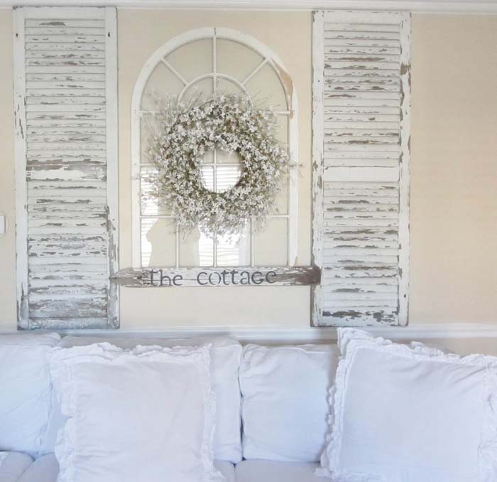 Easy Headboard From Whitewashed Shutters And Window Frame #bedroom #vintage #decor #decorhomeideas