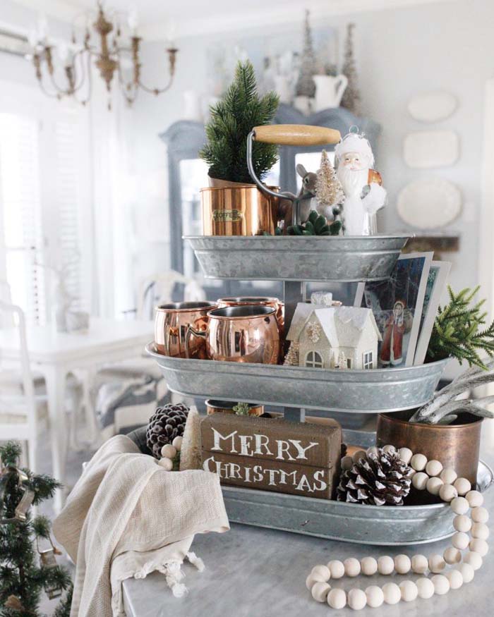 Galvanized Christmas Tiered Tray #tieredtray #Christmas #decorhomeideas