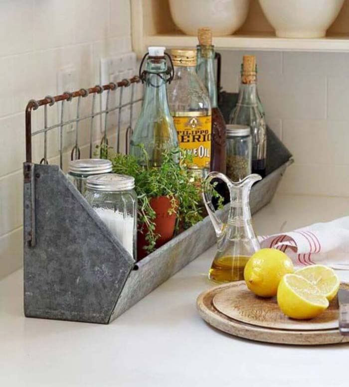 Galvanized Metal Tray for Oils and Seasonings #kitchen #countertop #organization #decorhomeideas