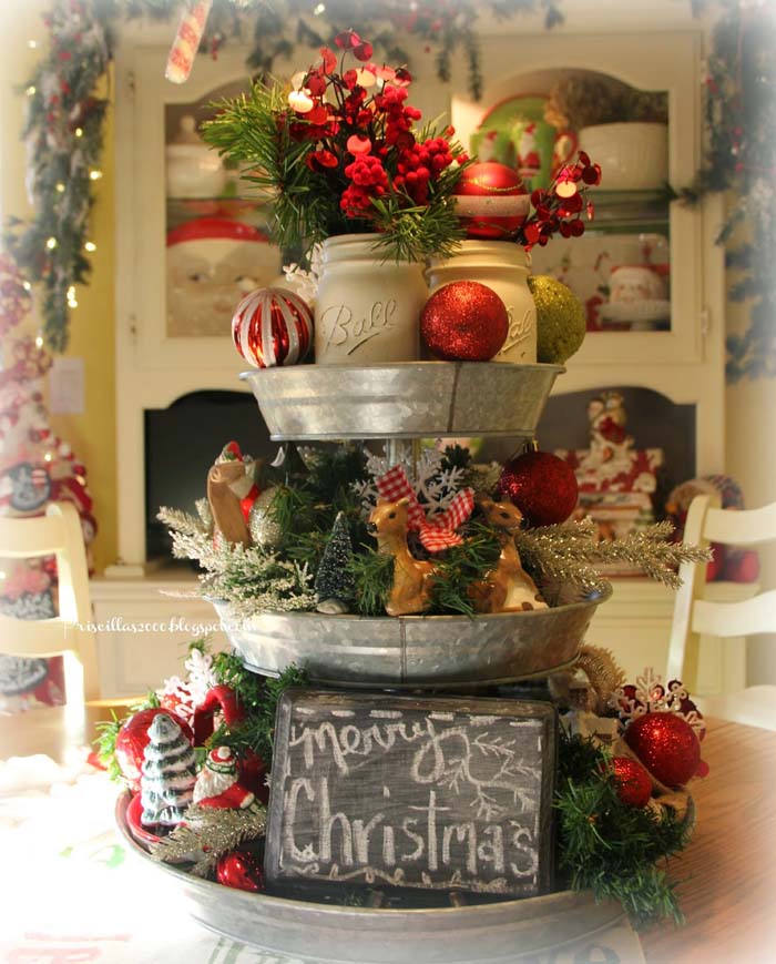 Galvanized Tiered Tray Christmas Centerpiece #tieredtray #Christmas #decorhomeideas
