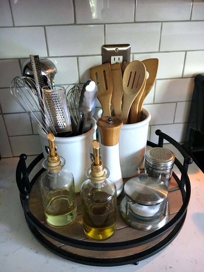 Lazy Susan with Utensil Crocks and Seasonings #kitchen #countertop #organization #decorhomeideas