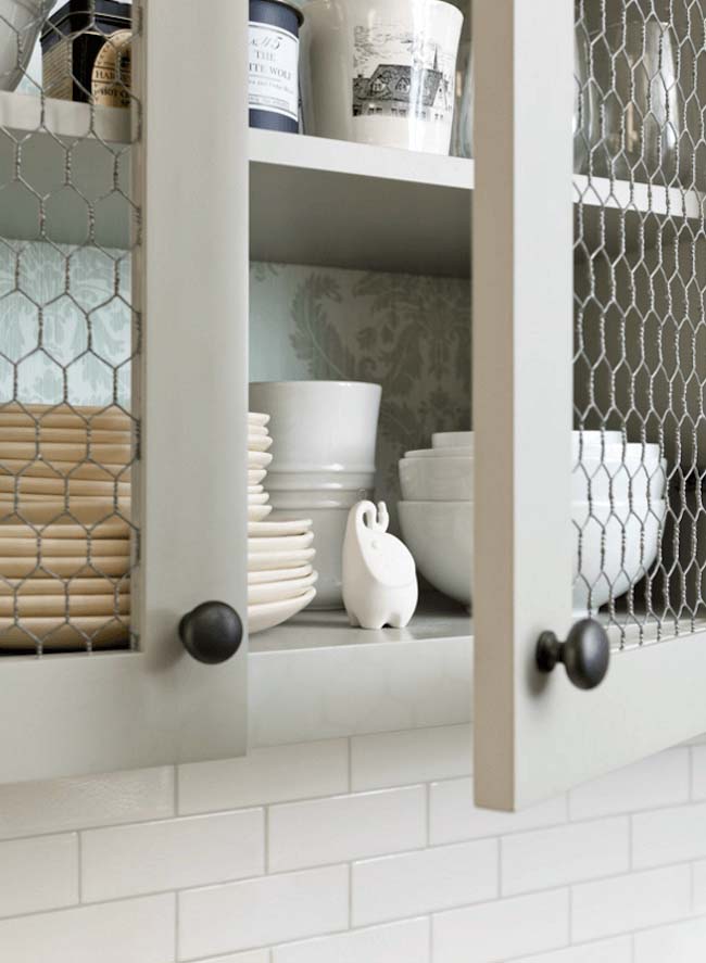 Light Olive Chicken Wire Open-Face Cabinets #farmhouse #kitchen #cabinet #decorhomeideas