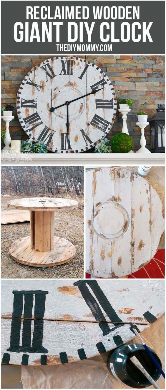 Make a Giant Reclaimed Wood Clock from an Electrical Reel #diy #wood #crafts #decorhomeideas