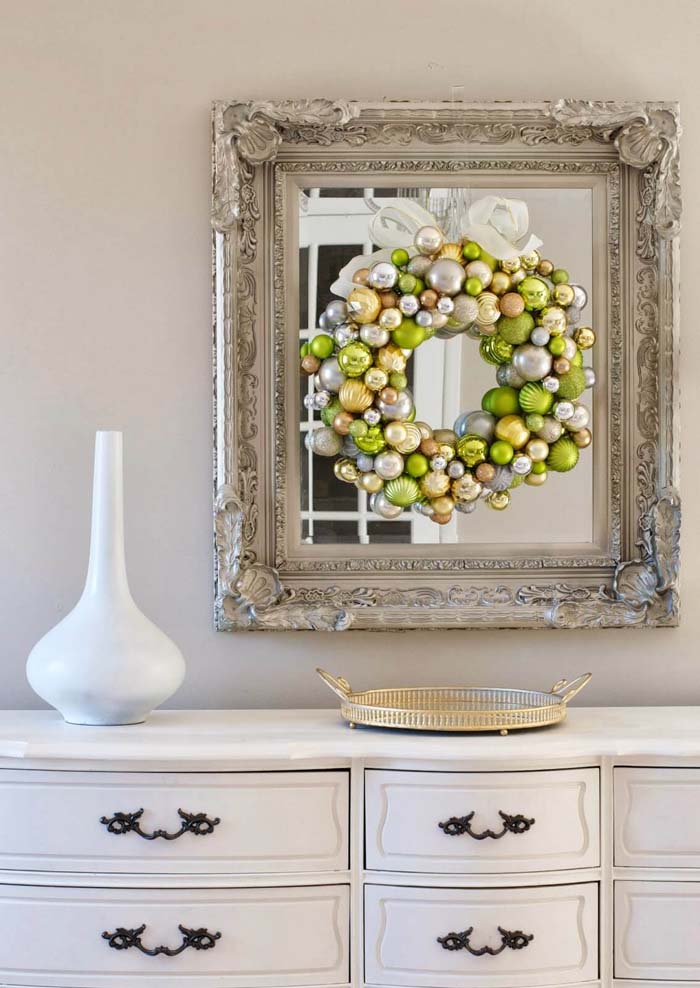 Metallic and Lime Ornament Cluster Wreath #Christmas #dollarstore #diy #decorhomeideas