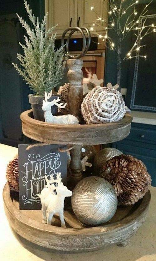 Neutral Farmhouse Christmas Tiered Tray #tieredtray #Christmas #decorhomeideas