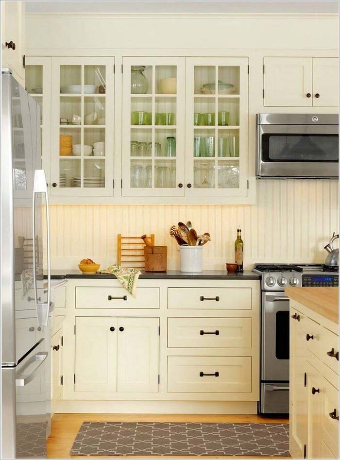 Open-Face White Paneled Kitchen Cabinets #farmhouse #kitchen #cabinet #decorhomeideas