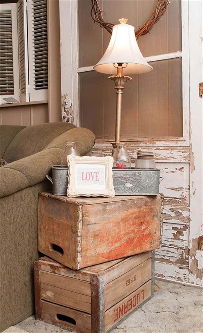 Easy Vintage Side Table From Stacked Packing Crates #bedroom #vintage #decor #decorhomeideas