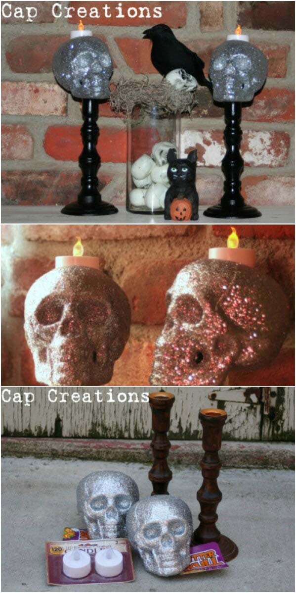 Skull Candlesticks #Halloween #Dollarstore #crafts #decorhomeideas
