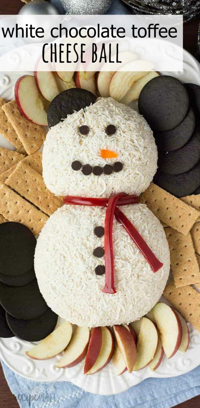 Snowman White Chocolate Toffee Cheese Ball #Christmas #cheeseball #cheese #appetizers #decorhomeideas