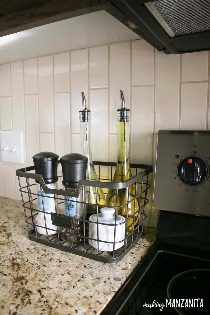 Tall Metal Basket for Stove Top Essentials #kitchen #countertop #organization #decorhomeideas