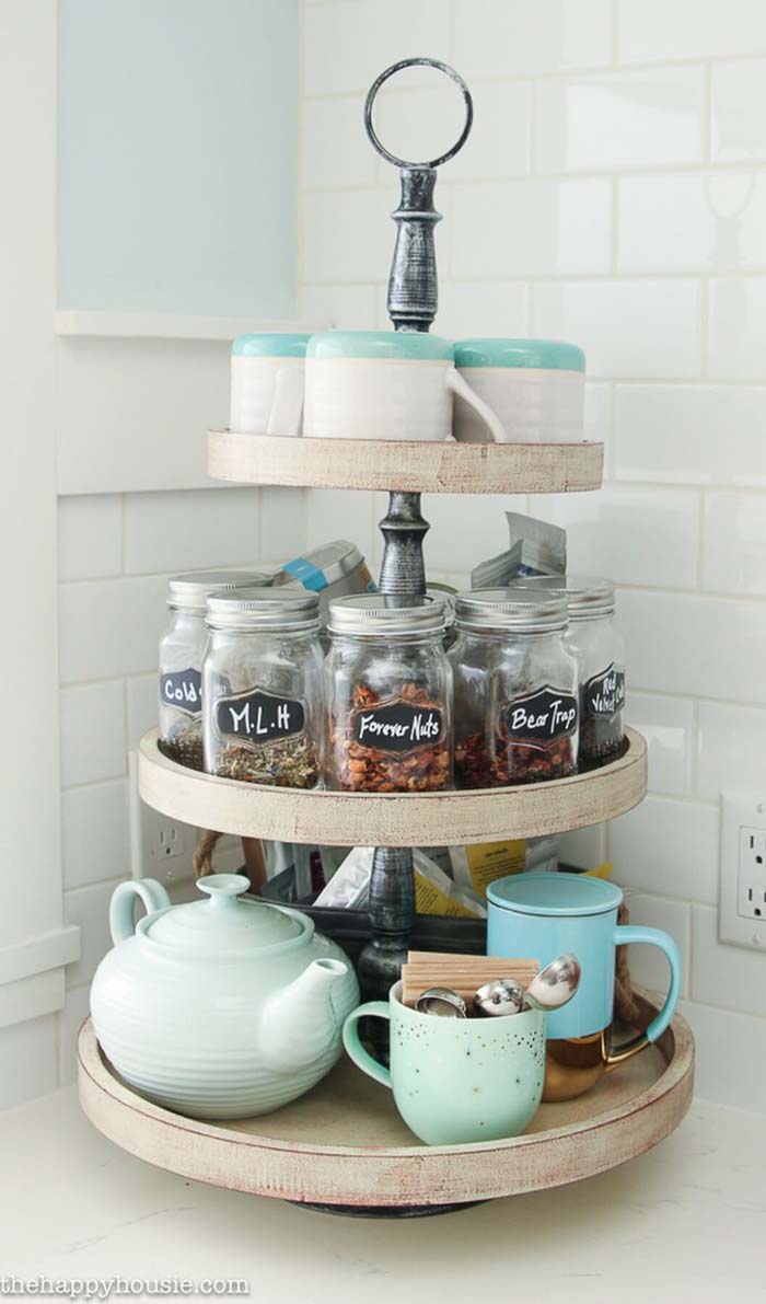 Three Tiered Lazy Susan for Tea and Snacks #kitchen #countertop #organization #decorhomeideas