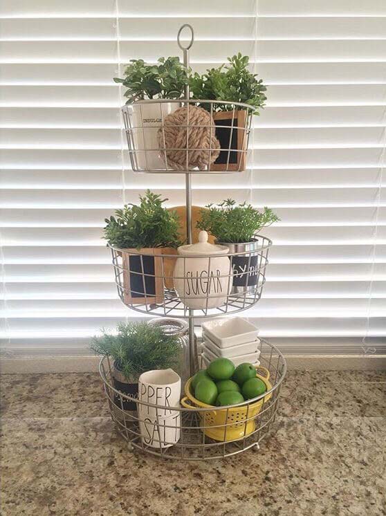 Three Tiered Wire Basket with Plants #kitchen #countertop #organization #decorhomeideas