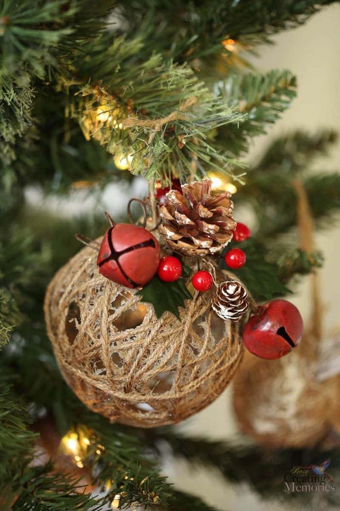 Twine Adornment with Pinecone and Bells #Christmas #rustic #ornaments #decorhomeideas