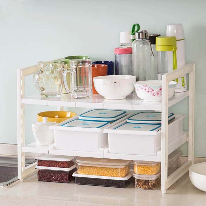 Two-Tiered Storage Rack with Removable Shelves #smallkitchen #storage #organization #decorhomeideas