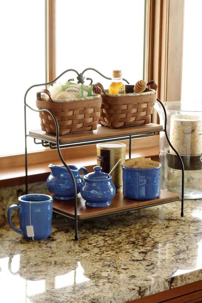 Two Tiered Wood and Wire Shelf #kitchen #countertop #organization #decorhomeideas