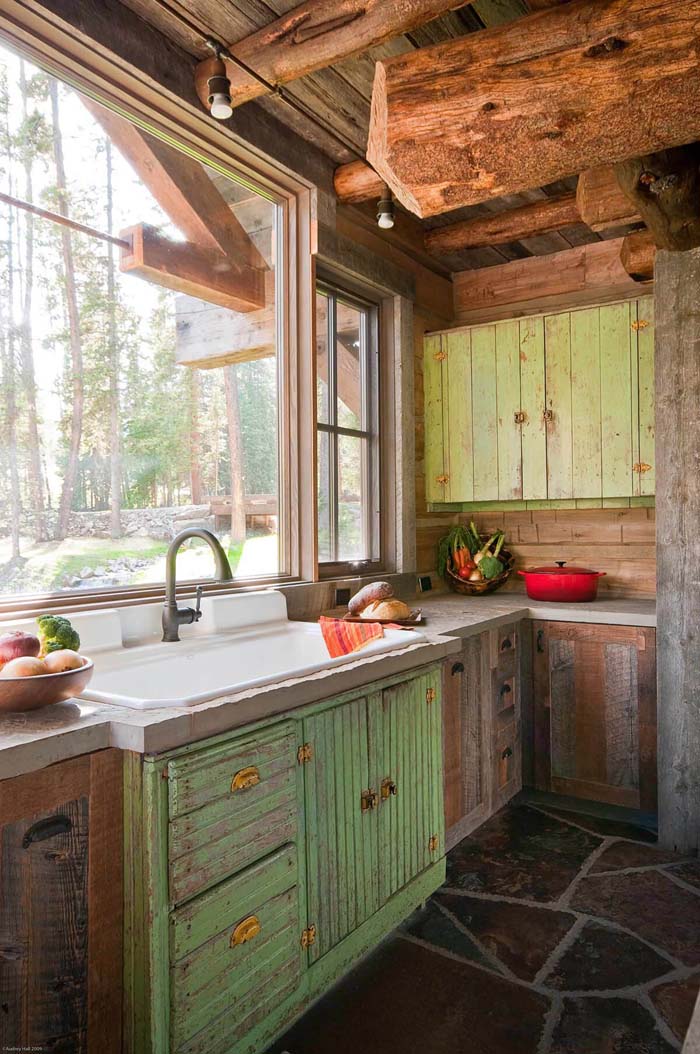 Woodland Distressed Green and Raw Wood Cabinets #farmhouse #kitchen #cabinet #decorhomeideas