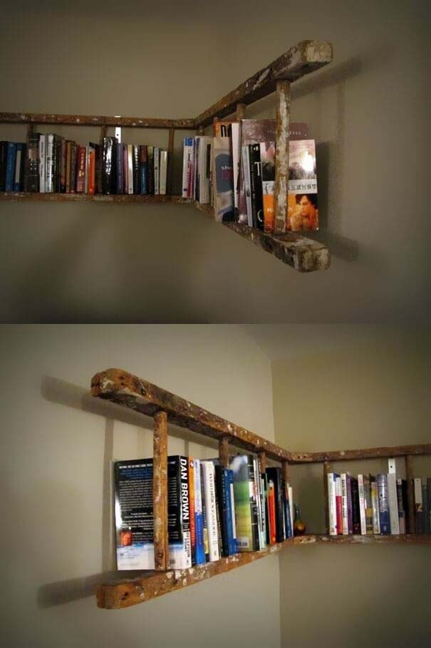 Wraparound Distressed Hanging Bookshelf Design #diy #ladder #repurpose #decorhomeideas
