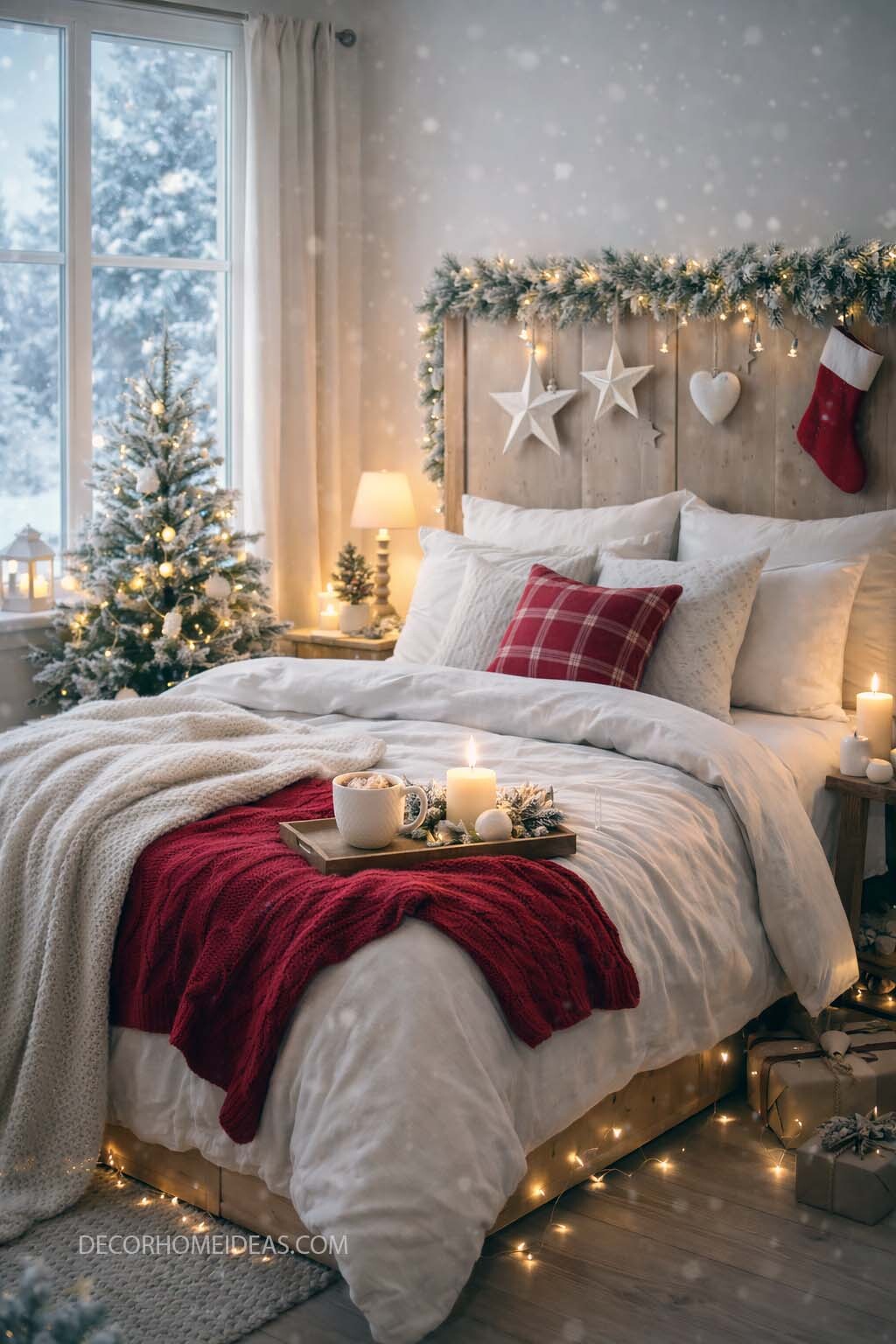 Cozy Christmas Bedroom with Warm Lights and Festive Accents