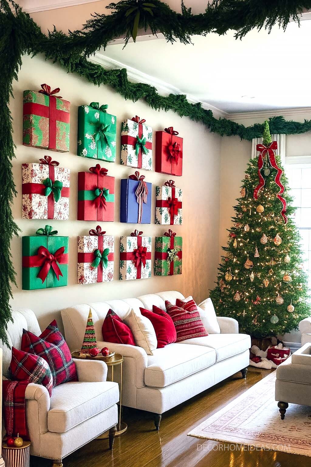Cozy Christmas Living Room with Wall Gift Decor