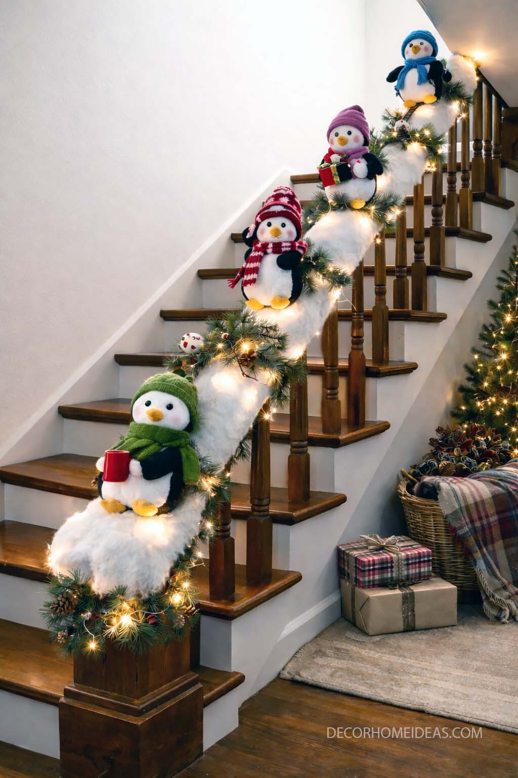 Cozy Staircase Christmas Decor with Adorable Penguin Plushies